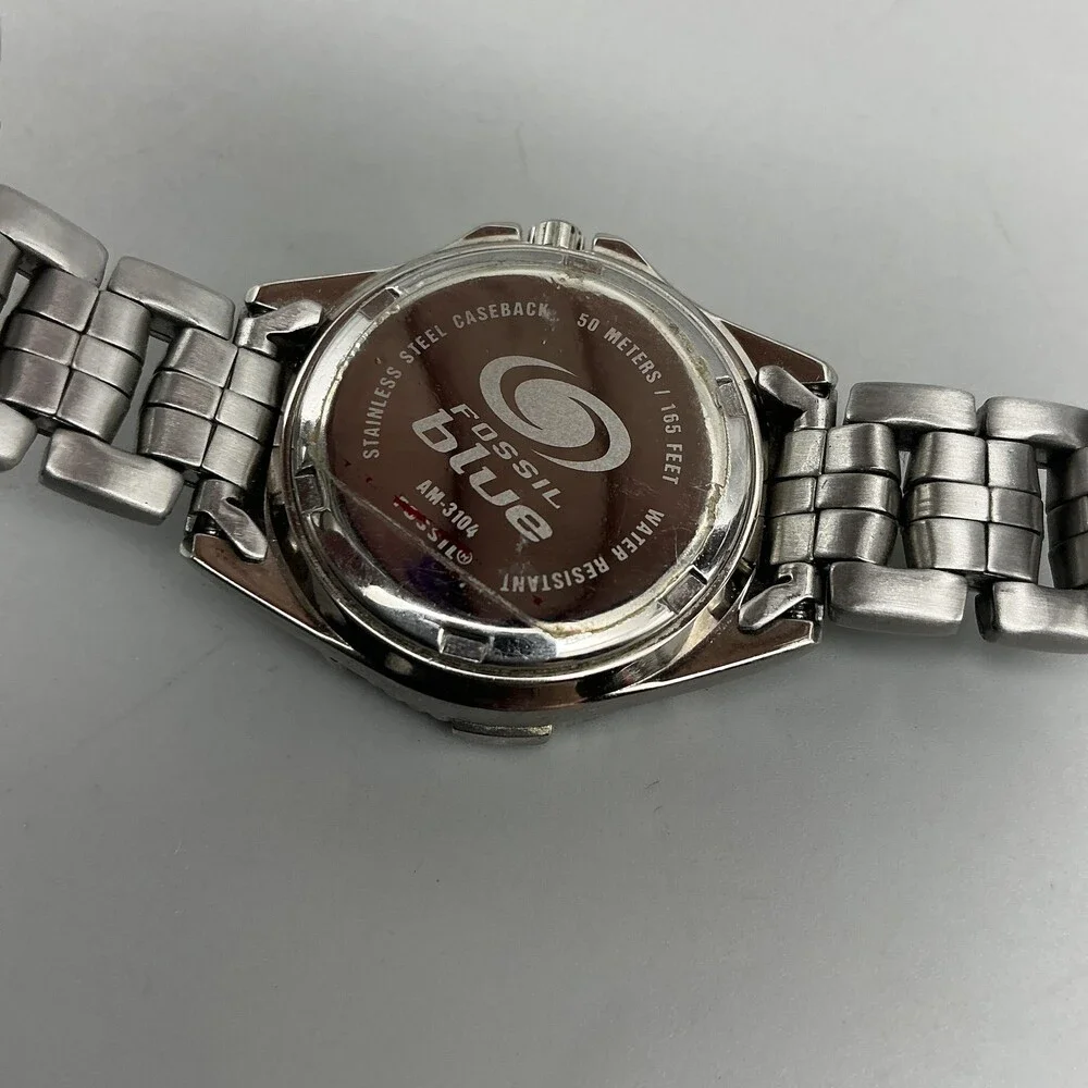 Fossil Blue AM-3104 Womens Watch 29mm Blue Dial Stainless Date New Battery 6.5